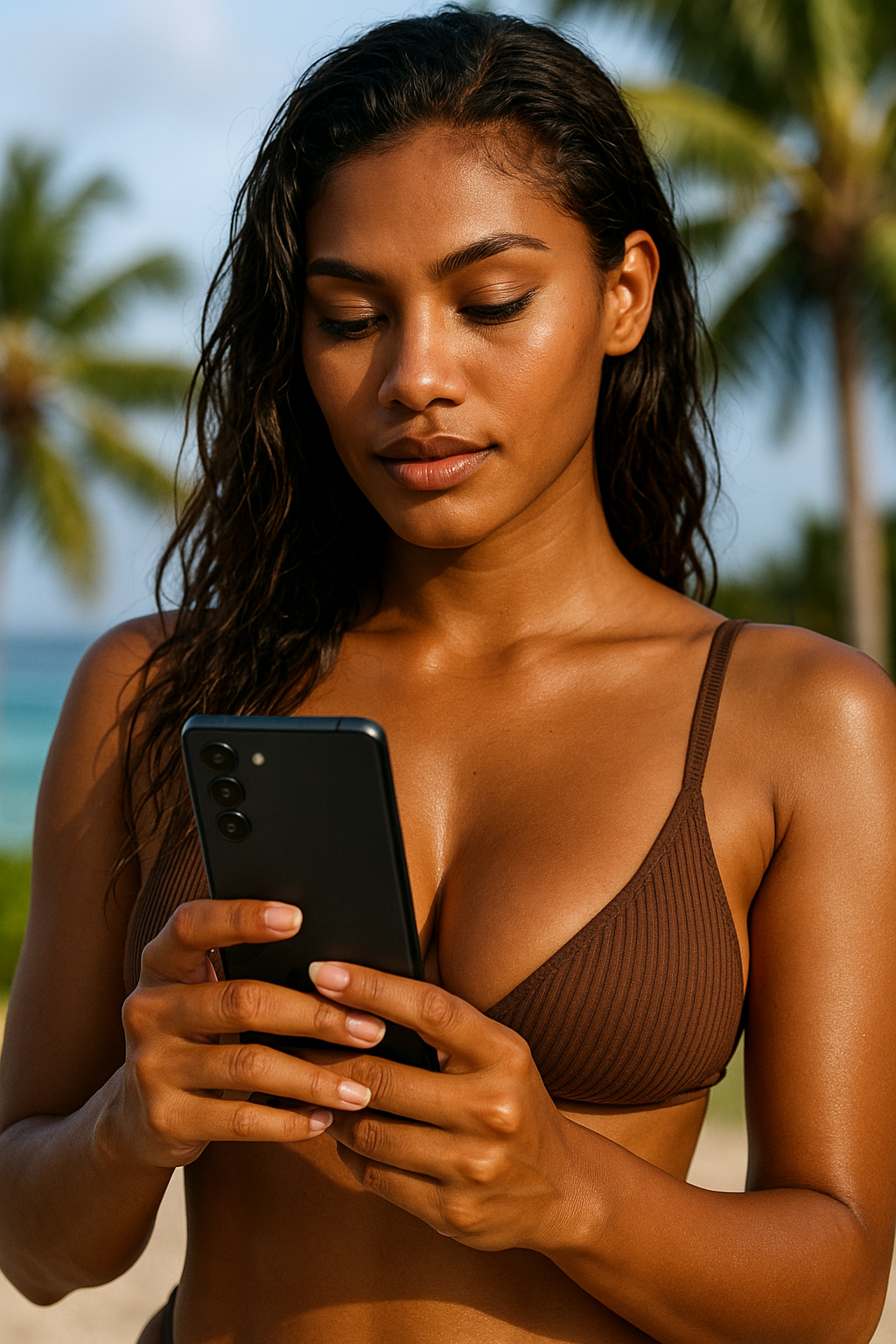 A stunning Fijian woman stands confidently on a tropical beach, focused on her Samsung phone under the warm island sun.