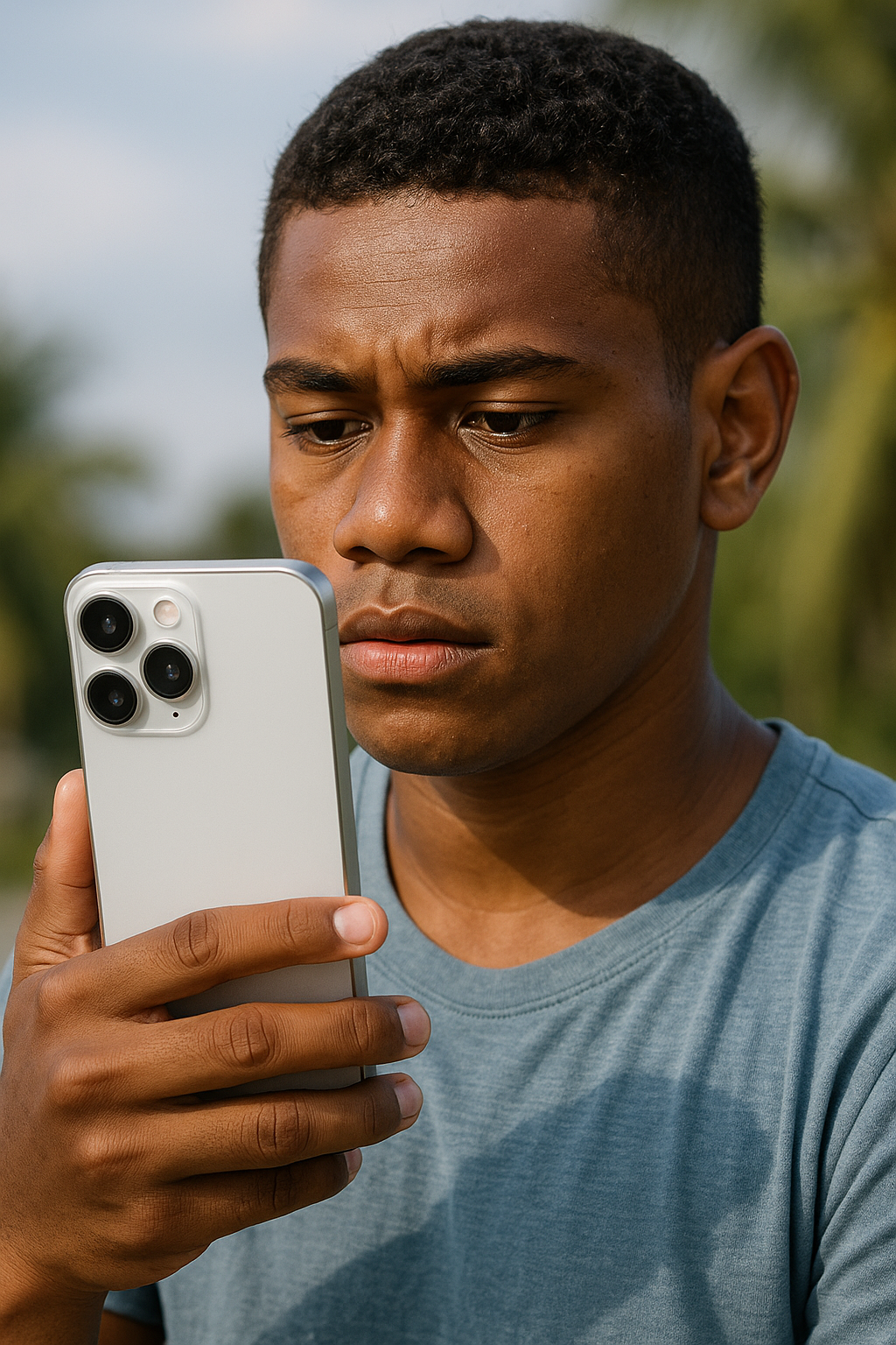 A young Fijian man stands outdoors, holding a silver smartphone in his hand.